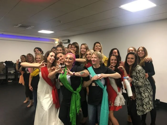 Bollywood hen party dance class Oxford group in bright colours