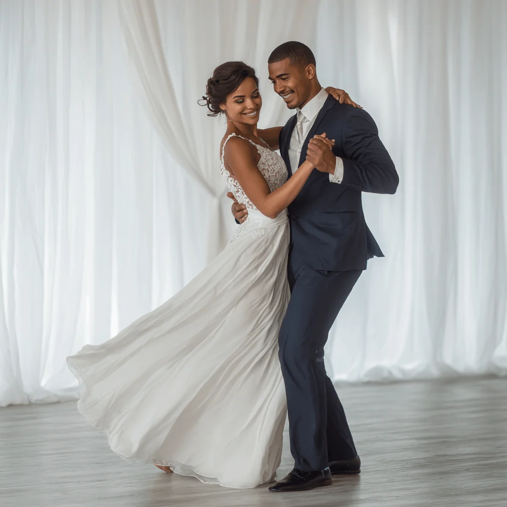Wedding dance lessons Oxford — couple practising their first dance routine in a studio